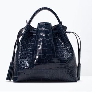 Zara Woman Leather Crocodile Embossed Large Bucket Bag